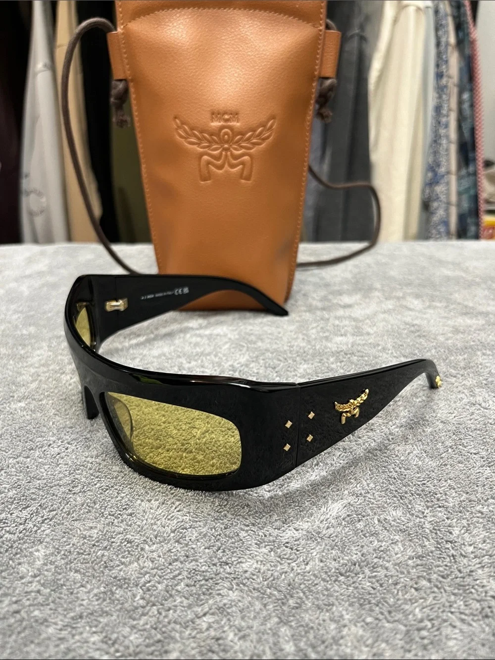 MCM Black Shield Sunglasses with Brown Embossed Leather Case and Yellow Lenses